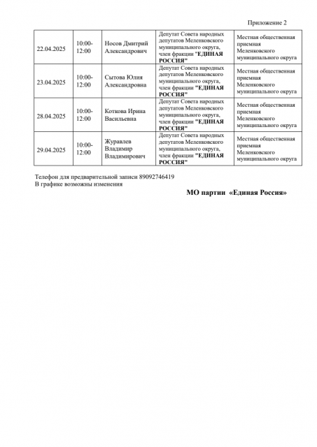 Меленковский район График приёма в МОП в апреле 2025г. в газету 2