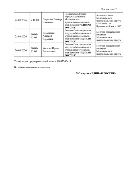 Меленковский МО График приёма в МОП в августе 2026г. 2